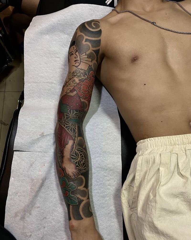 老传统花臂纹身图片_手臂手部老传统人物纹身图案