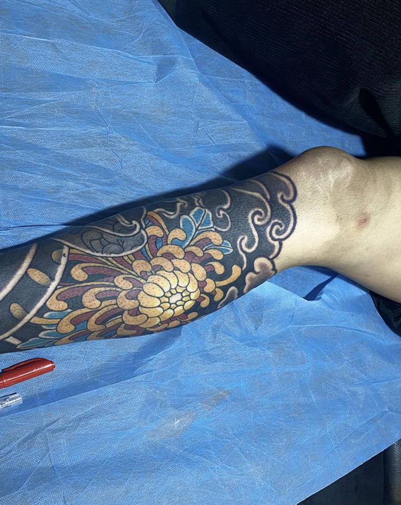 菊花包小腿.修改图.纹身图片_腿部脚部新传统老传统菊花纹身图案