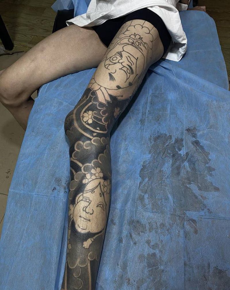 老传统花腿纹身图片_腿部老传统纹身图案