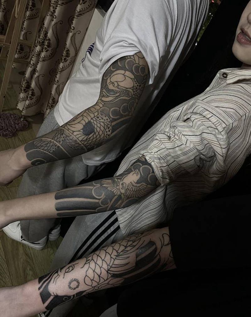 三条花臂.纹身图片_手臂手部老传统纹身图案