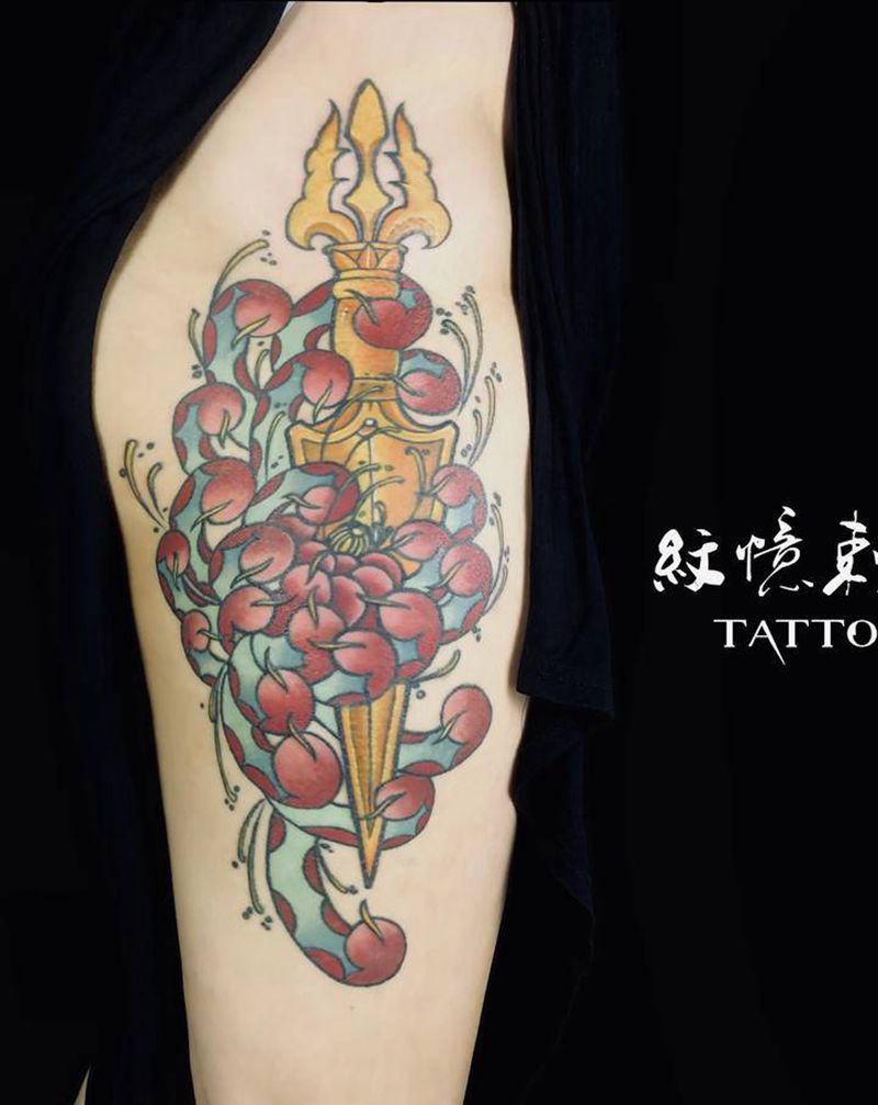 菊花纹身图片_腿部新传统纹身图案