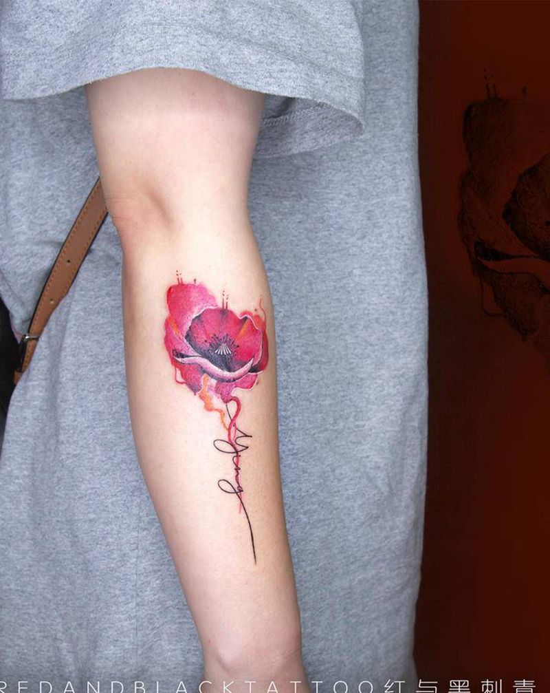 送你一朵小红花纹身图片_手臂欧美写实水彩纹身图案