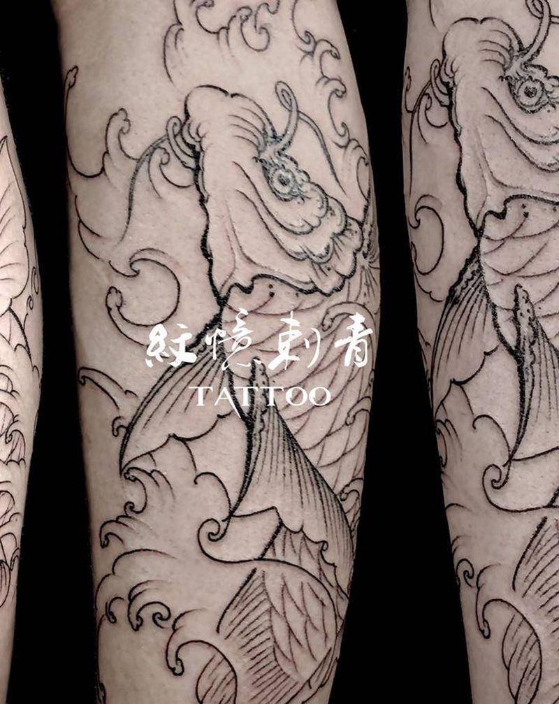 鲤鱼待上色纹身图片_腿部新传统纹身图案