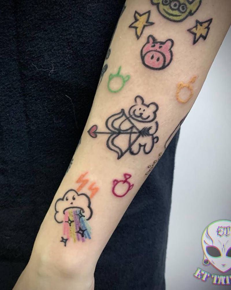 一组卡哇伊纹身图片_手部手臂水彩纹身图案