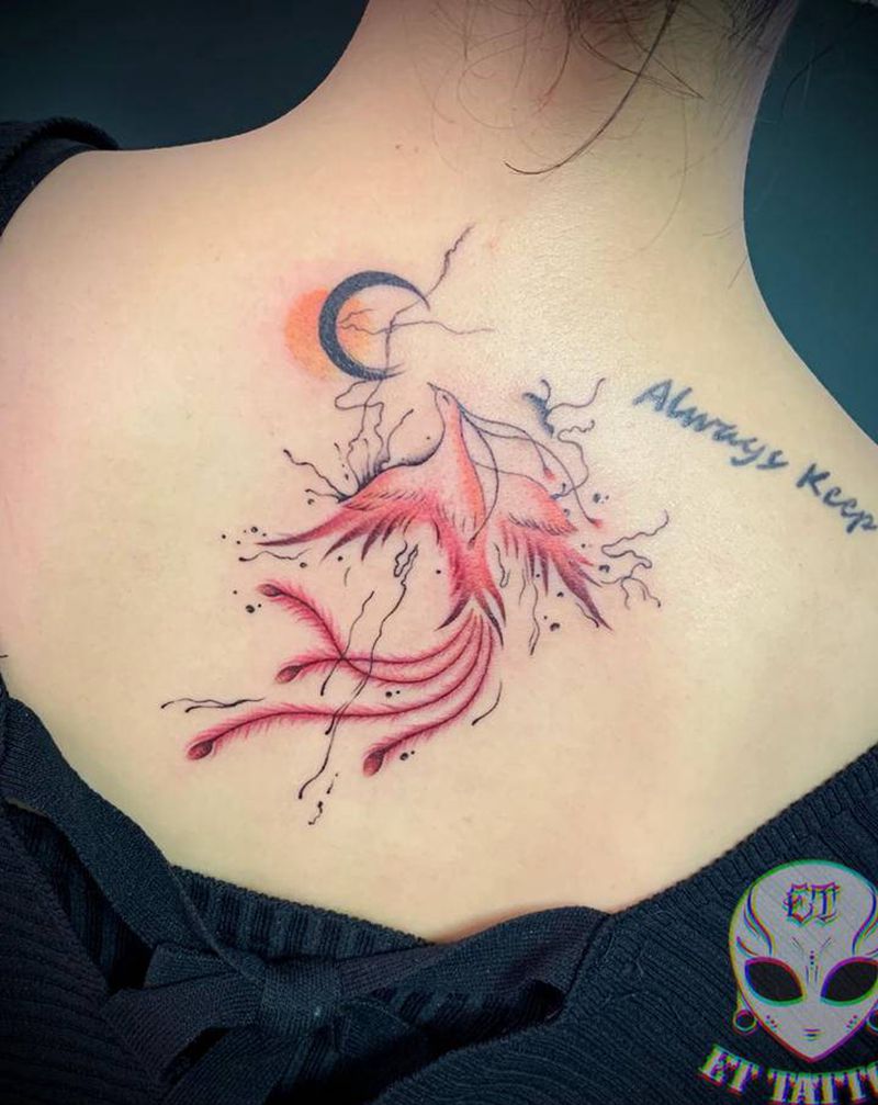 水彩凤凰纹身图片_背部肩部水彩纹身图案