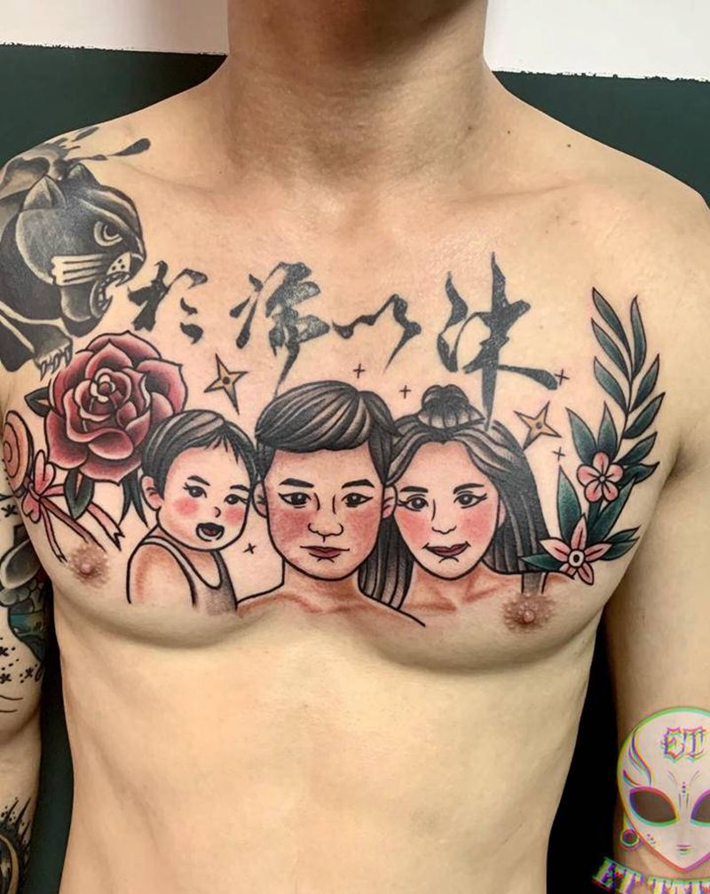 一家三口纹身图片_胸部肩部Old School纹身图案