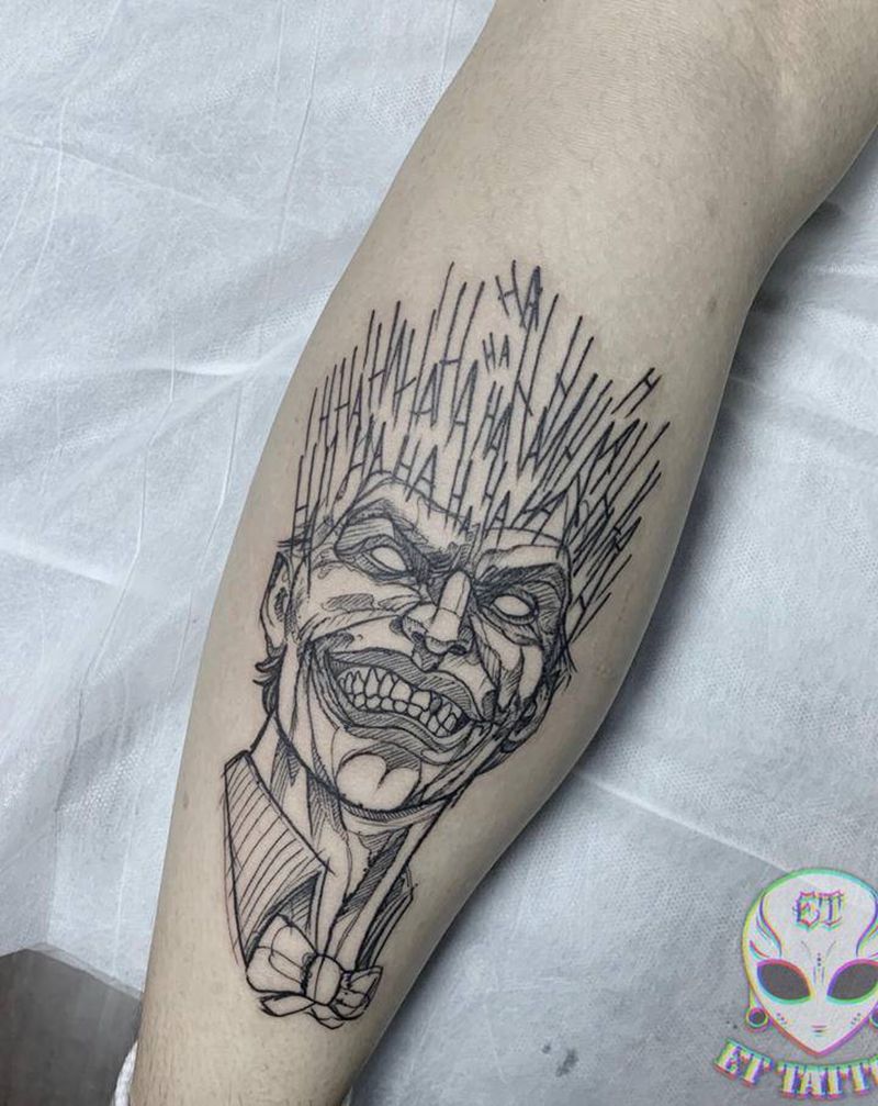 线条小丑纹身图片_腿部脚部点刺纹身图案