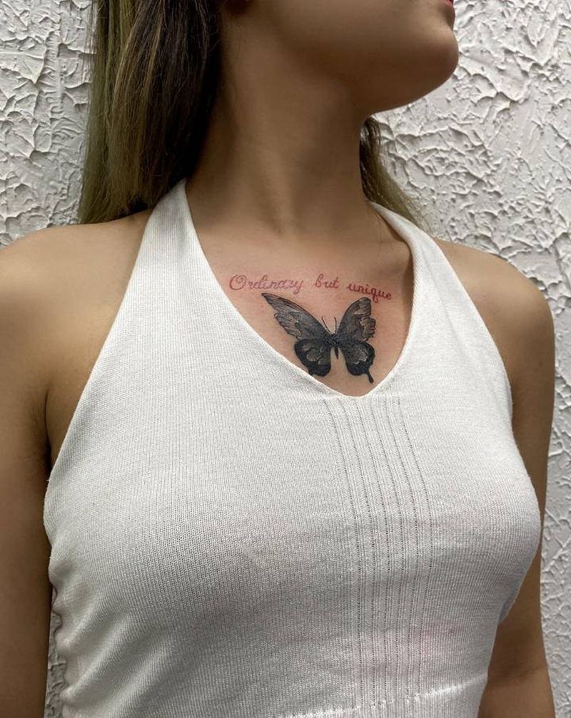 胸口蝴蝶➕小英文纹身图片_小英文纹身图案
