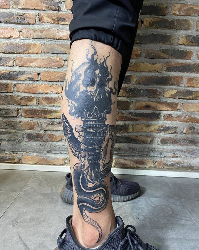 暗黑风格全遮盖纹身图片_腿部暗黑纹身图案