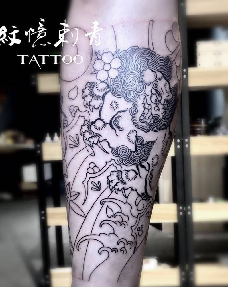 日式老传统，包小腿待上色纹身图片_腿部老传统纹身图案