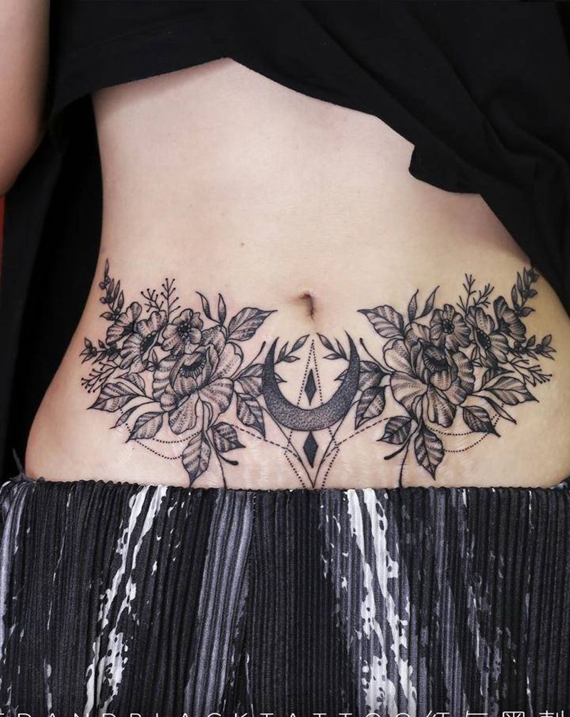 妊辰纹遮盖纹身图片_腰部点刺纹身图案