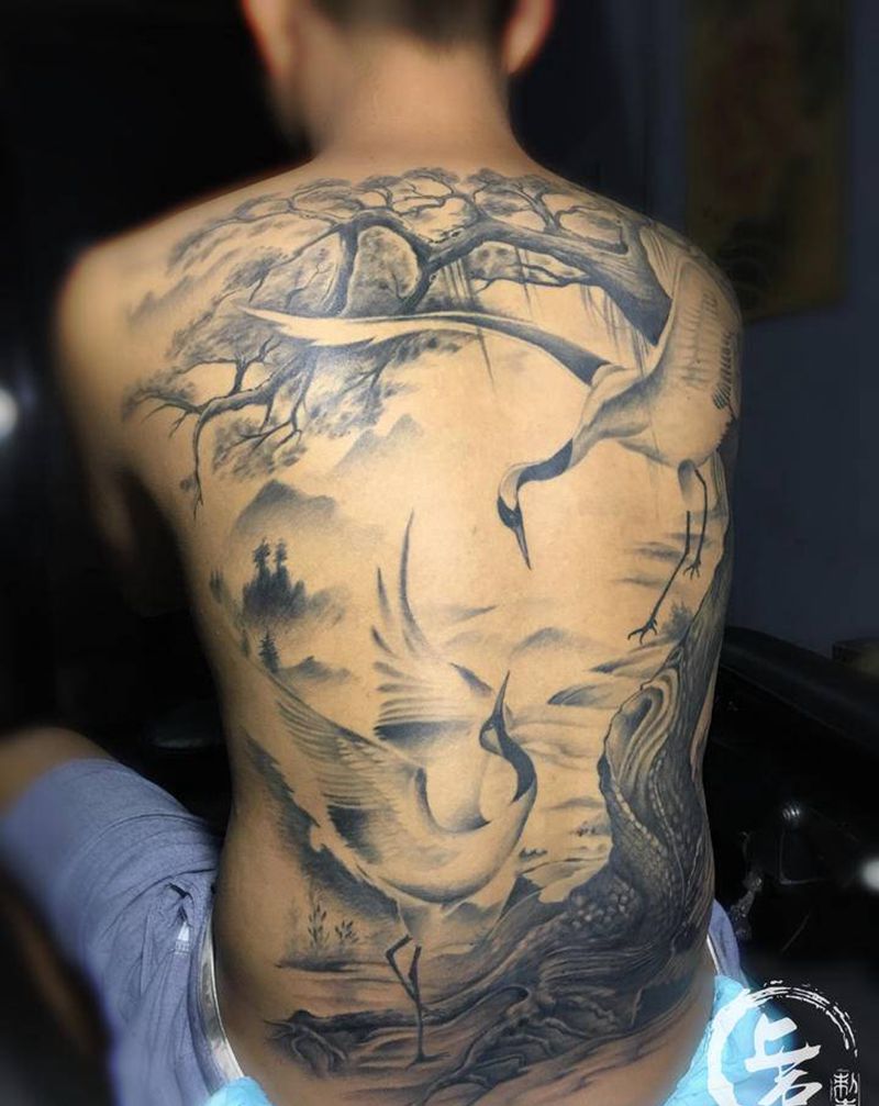 松鹤纹身图片_背部纹身图案