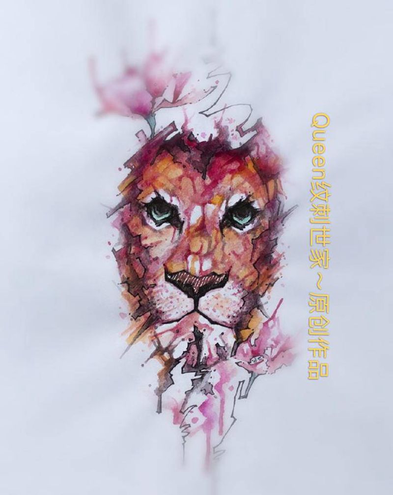 原创手稿～狮纹身图片_水彩纹身图案