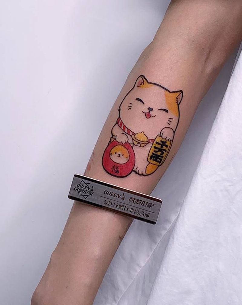 招财猫～纹身图片_手臂纹身图案
