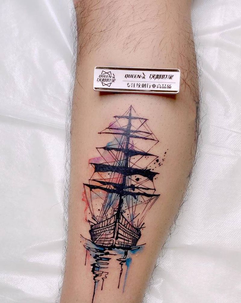帆船⛵️纹身图片_腿部水彩纹身图案