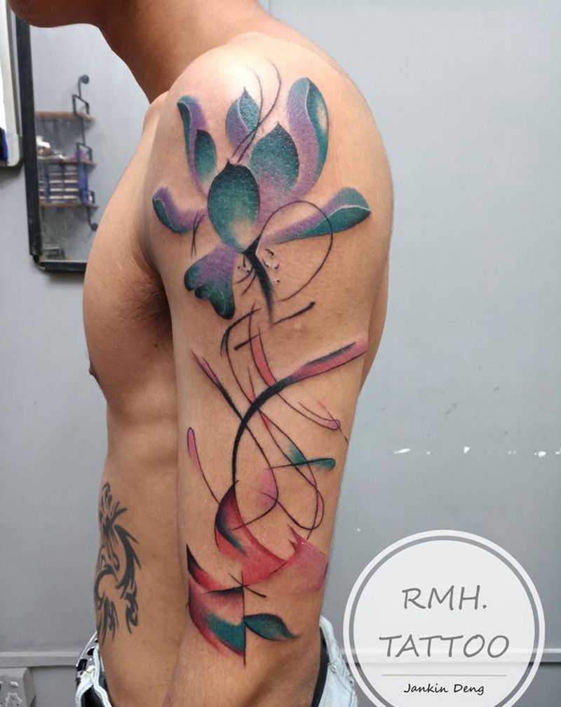 荷花纹身图片_新传统水彩纹身图案