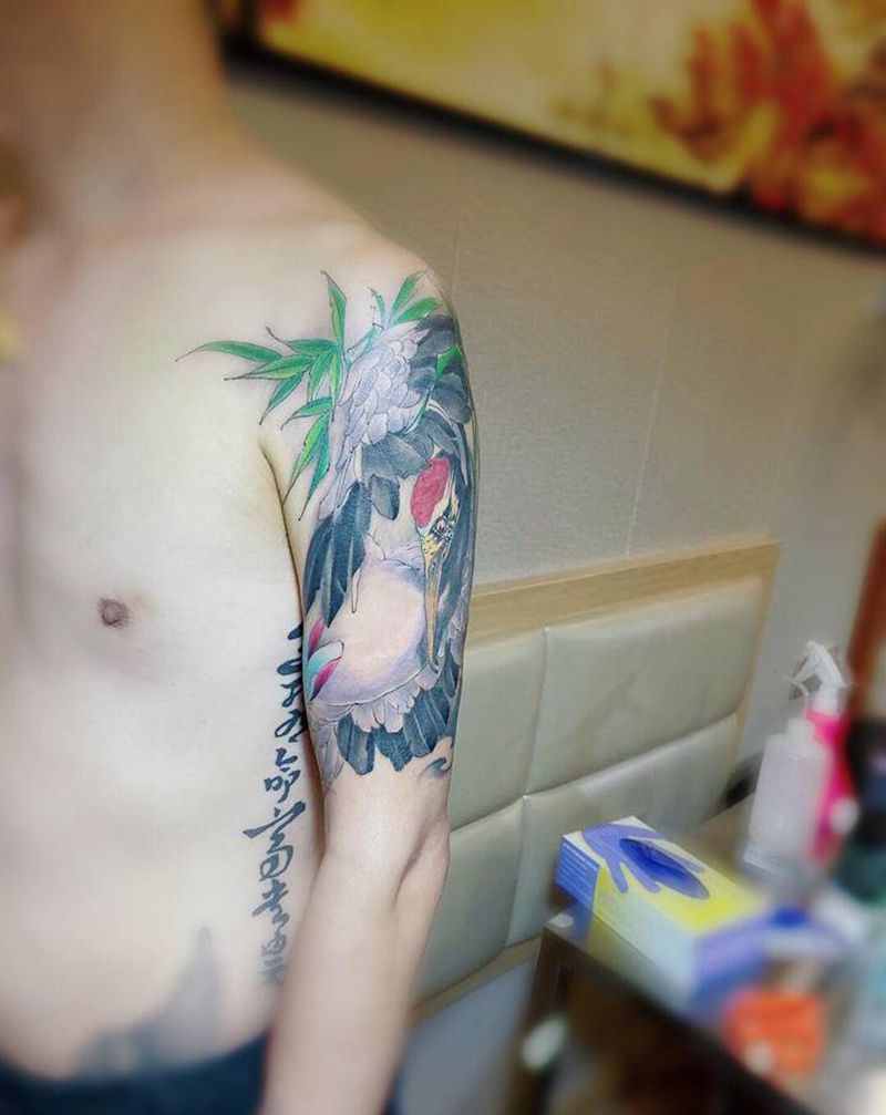 仙鹤作品纹身图片_手臂新传统纹身图案