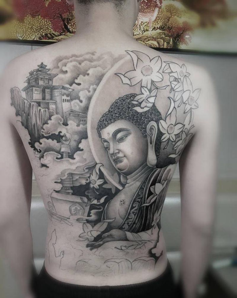 大日如来纹身图片_背部新传统纹身图案