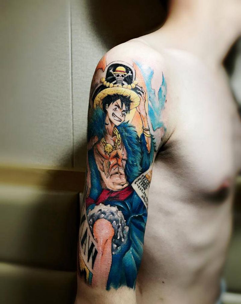 15亿新世界五黄路飞纹身图片_手臂欧美写实水彩纹身图案