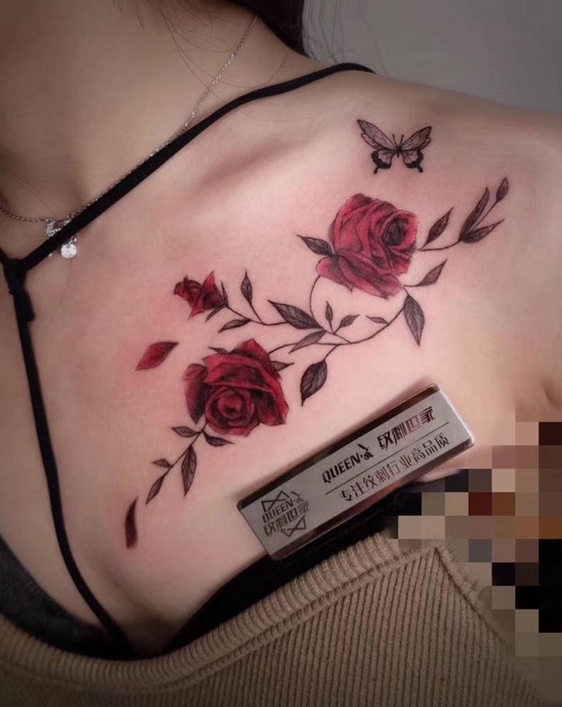 玫瑰-上身效果图vs原图纹身图片_肩部欧美写实纹身图案