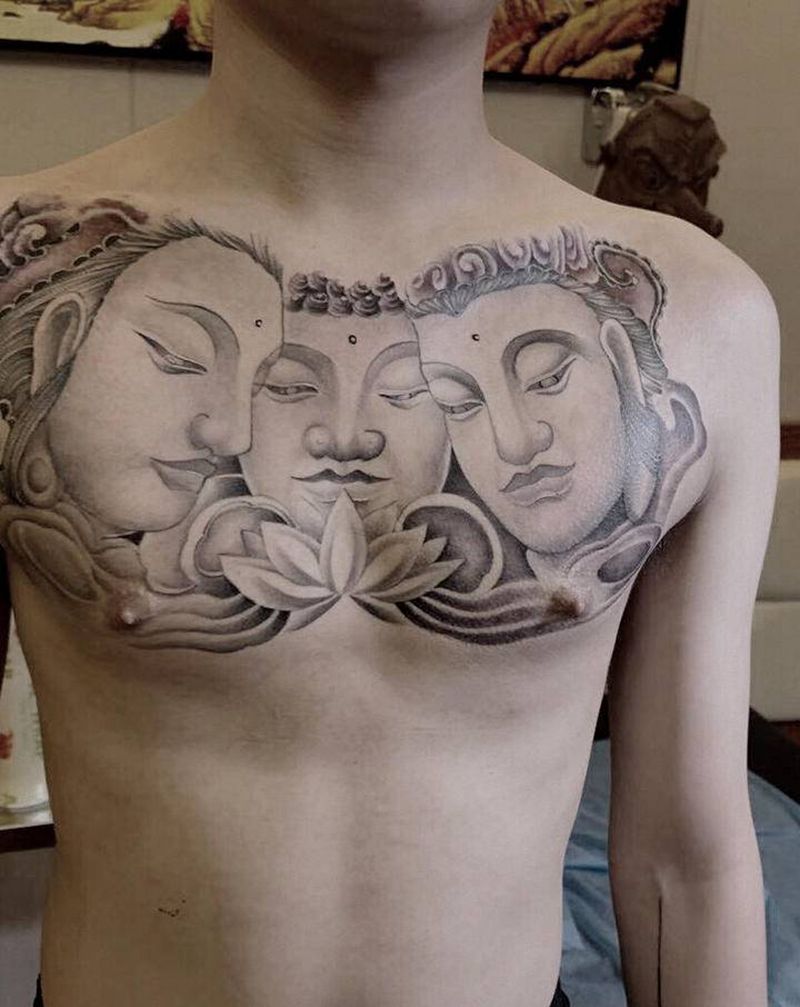 三面佛纹身图片_胸部新传统水墨纹身图案