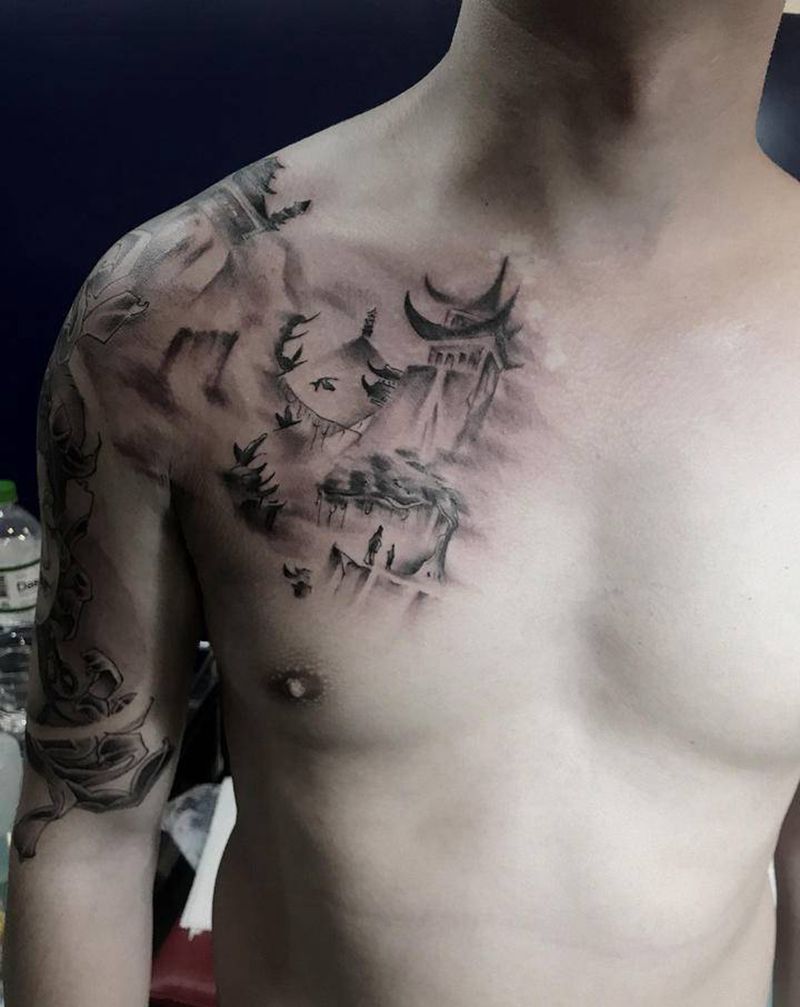 半胛山水观音作品纹身图片_胸部手部水墨新传统纹身图案