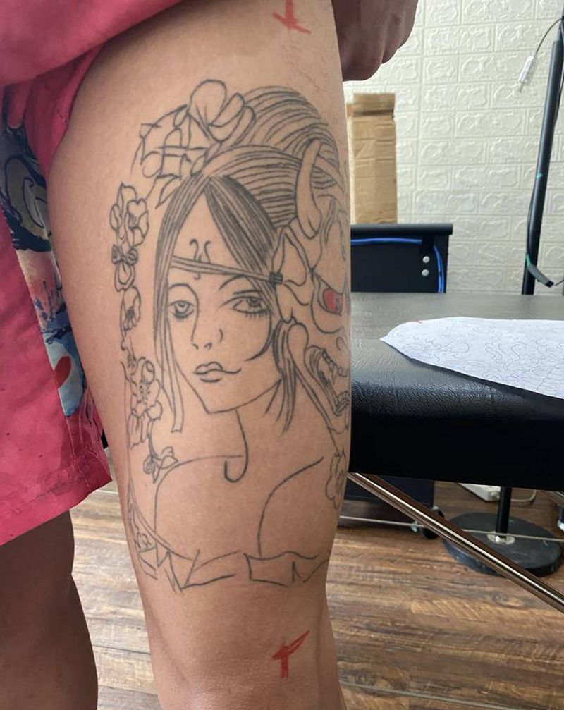 嘎巴啦纹身图片_腿部新传统水墨纹身图案