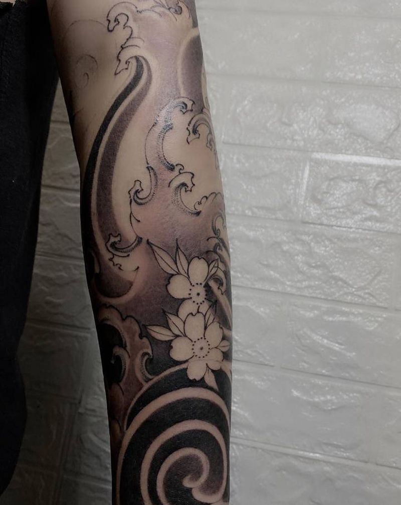 水浪花臂作c纹身图片_手臂新传统纹身图案