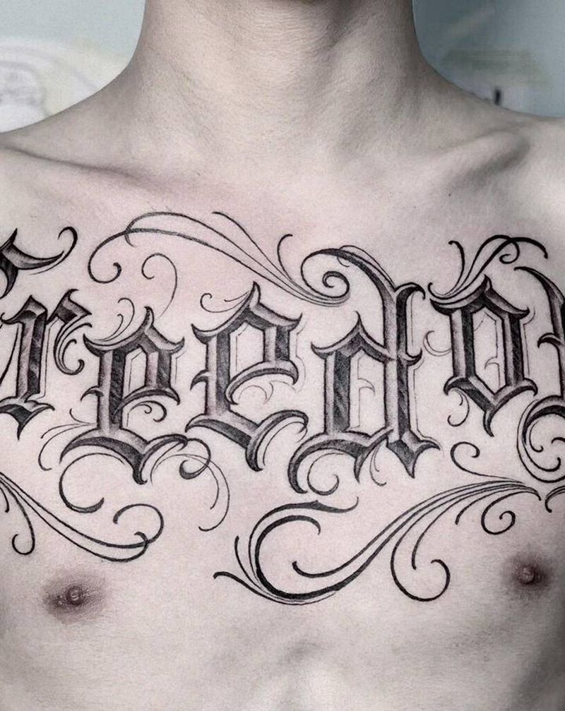 哥特英文花体纹身图片_胸部花体字欧美写实纹身图案
