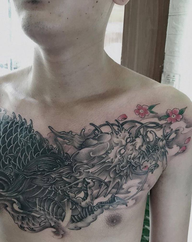 花胸遮盖作品纹身图片_胸部新传统水墨纹身图案