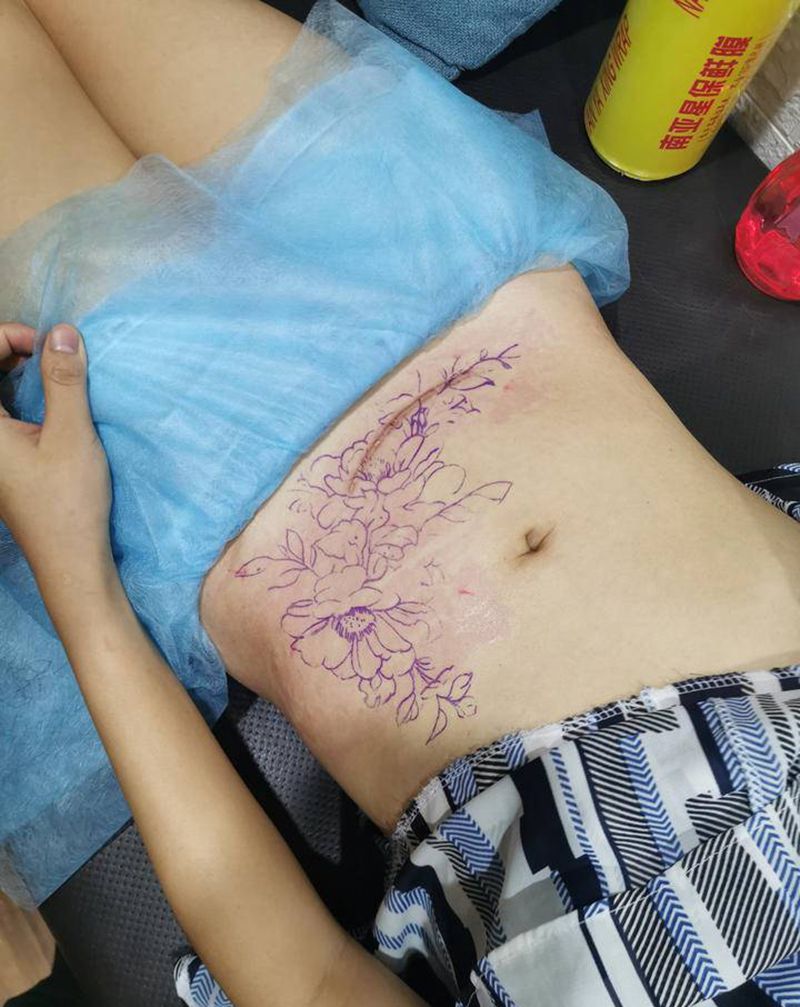 剖腹产覆盖作品纹身图片_腹部水墨纹身图案