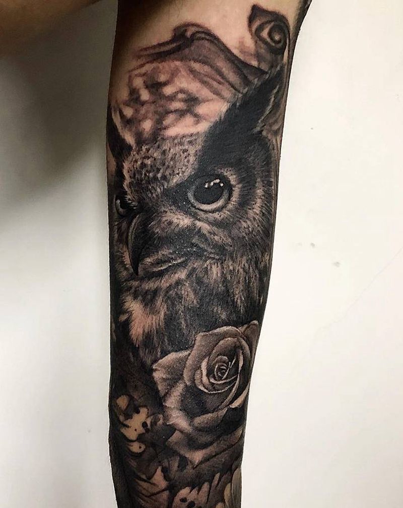 猫头鹰纹身图片_手臂欧美写实纹身图案