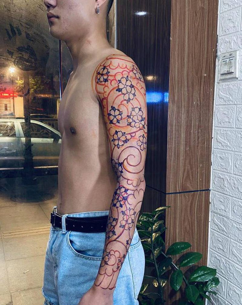 日式花臂线条纹身图片_手部手臂老传统纹身图案