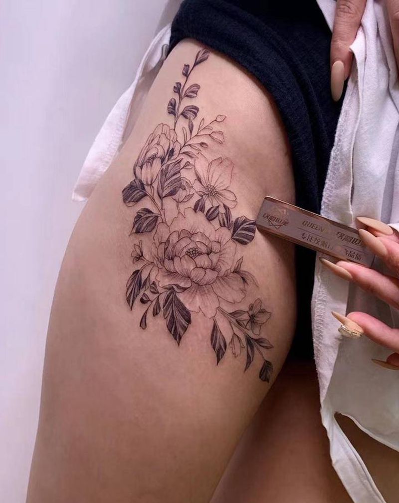 素花纹身图片_腿部纹身图案