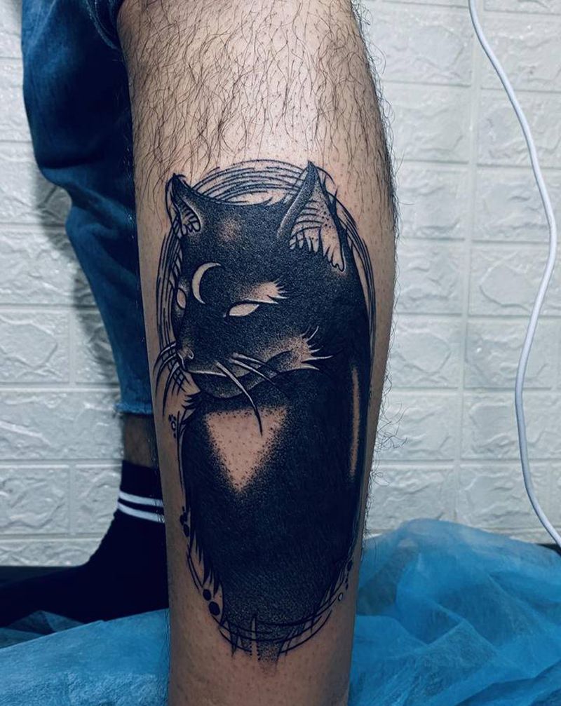 暗黑猫纹身图片_脚部欧美写实水墨纹身图案