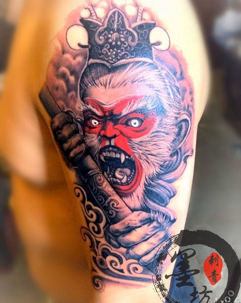 斗战圣佛纹身图片_手臂新传统人物纹身图案