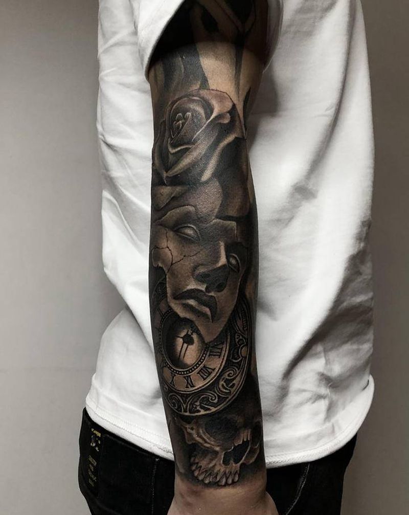 花臂拼接纹身图片_手臂手部欧美写实纹身图案