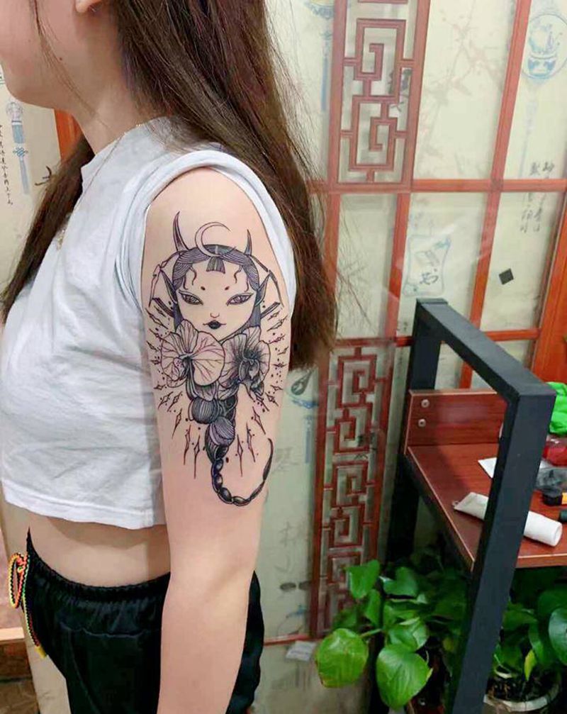 星座守护神纹身图片_手臂水墨纹身图案