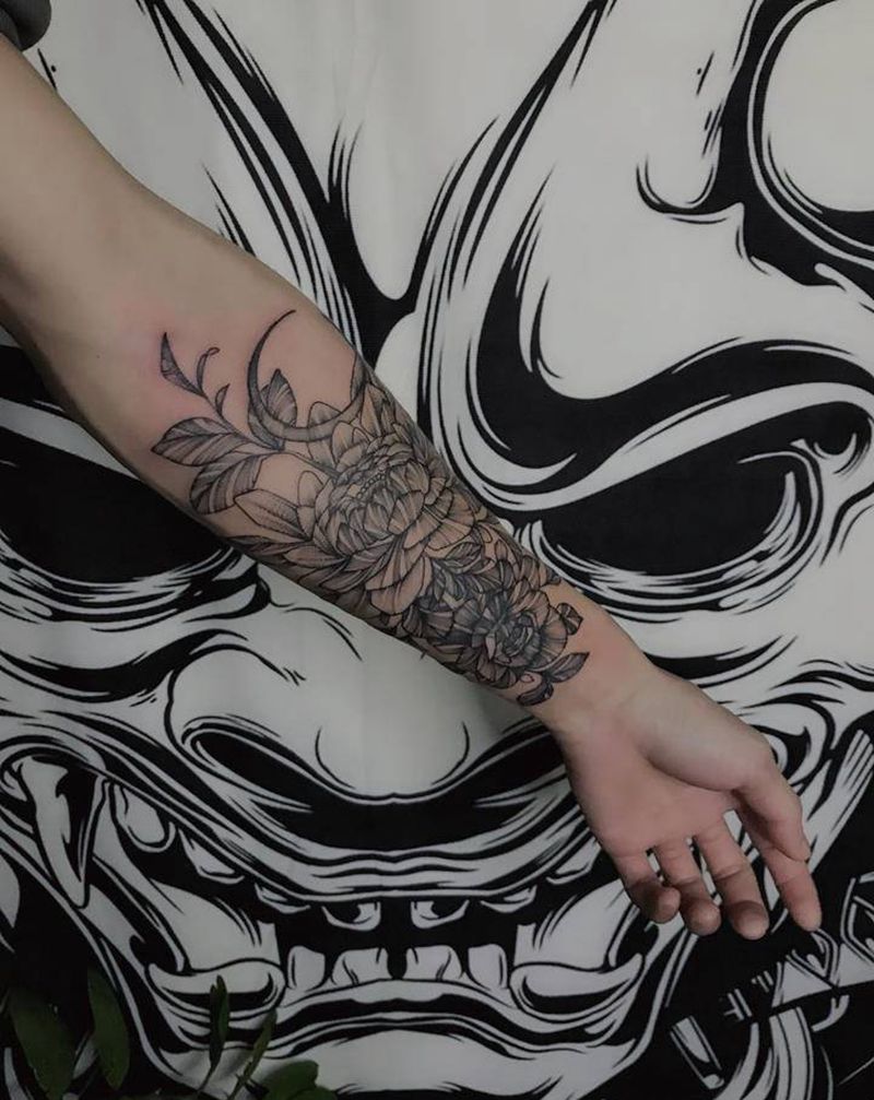 素花纹身图片_手臂新传统水墨纹身图案