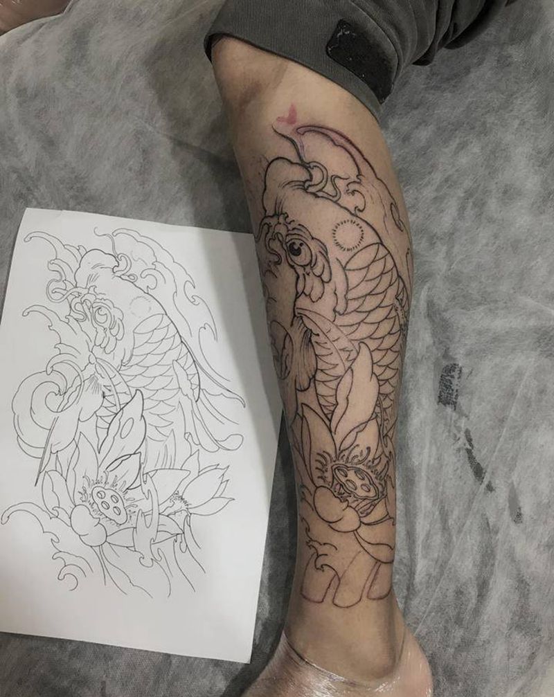 线条纹身图片_腿部新传统纹身图案