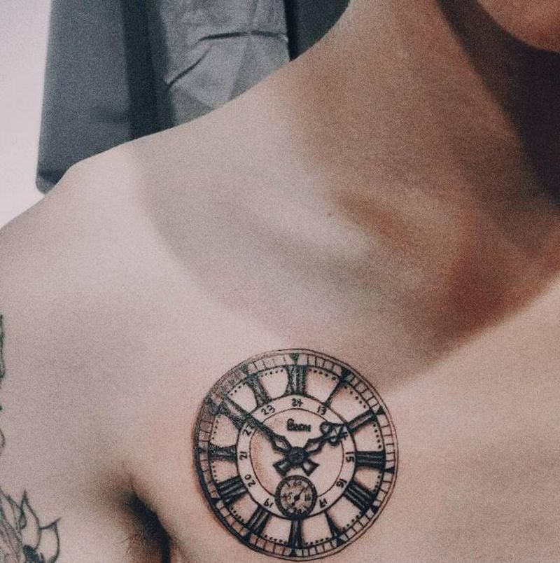 罗马字时间纹身图片_胸部纹身图案