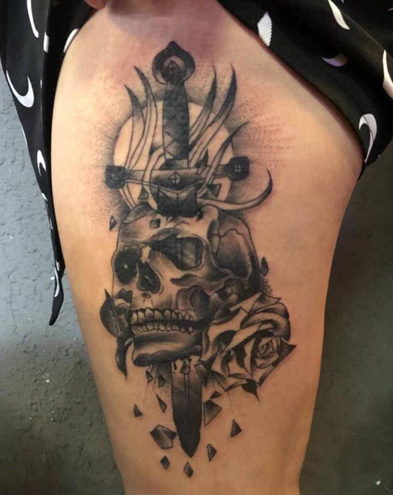 骷髅纹身图片_腿部欧美写实纹身图案