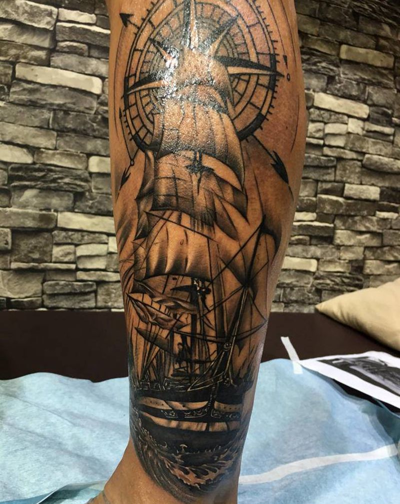 黑腿上面的船纹身图片_腿部纹身图案