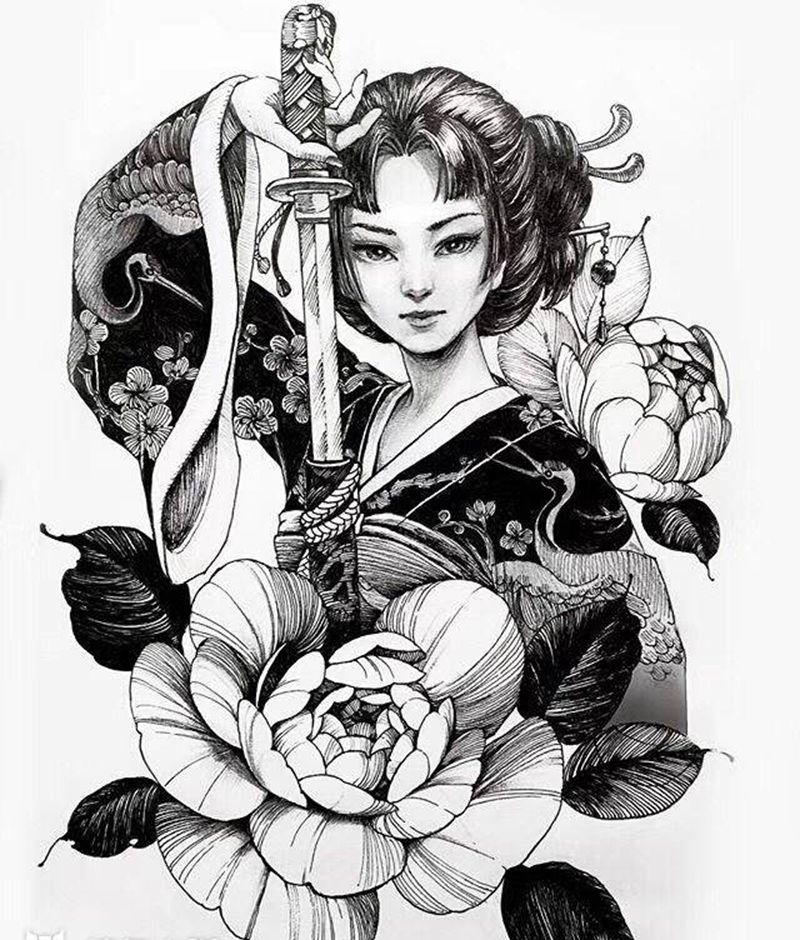 艺技手稿纹身图片_手臂腿部新传统点刺纹身图案