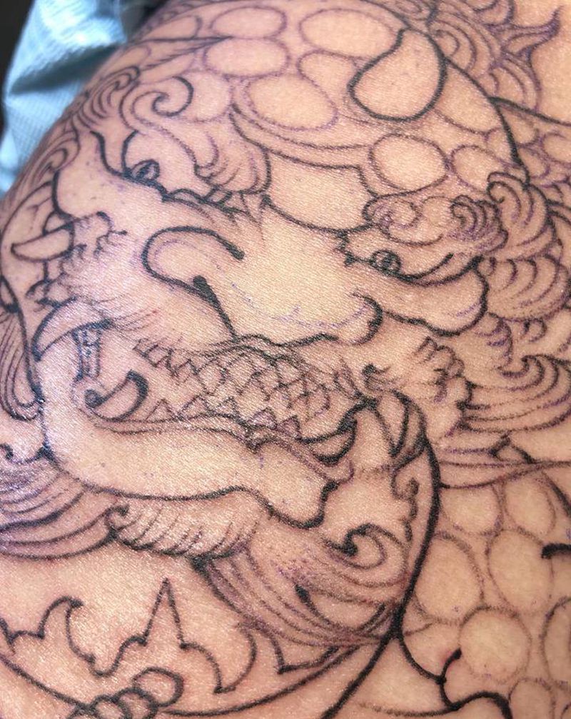 唐狮线条未完成纹身图片_手臂新传统纹身图案