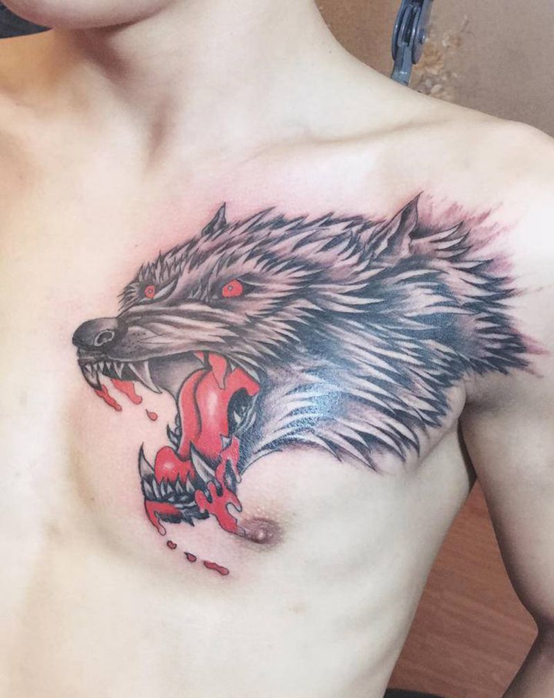 狼头纹身图片_胸部纹身图案