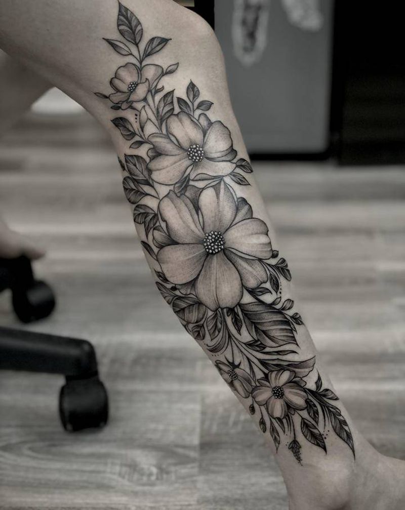 素花纹身图片_腿部点刺纹身图案