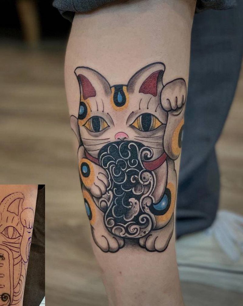 遮盖纹身图片_腿部Old School纹身图案