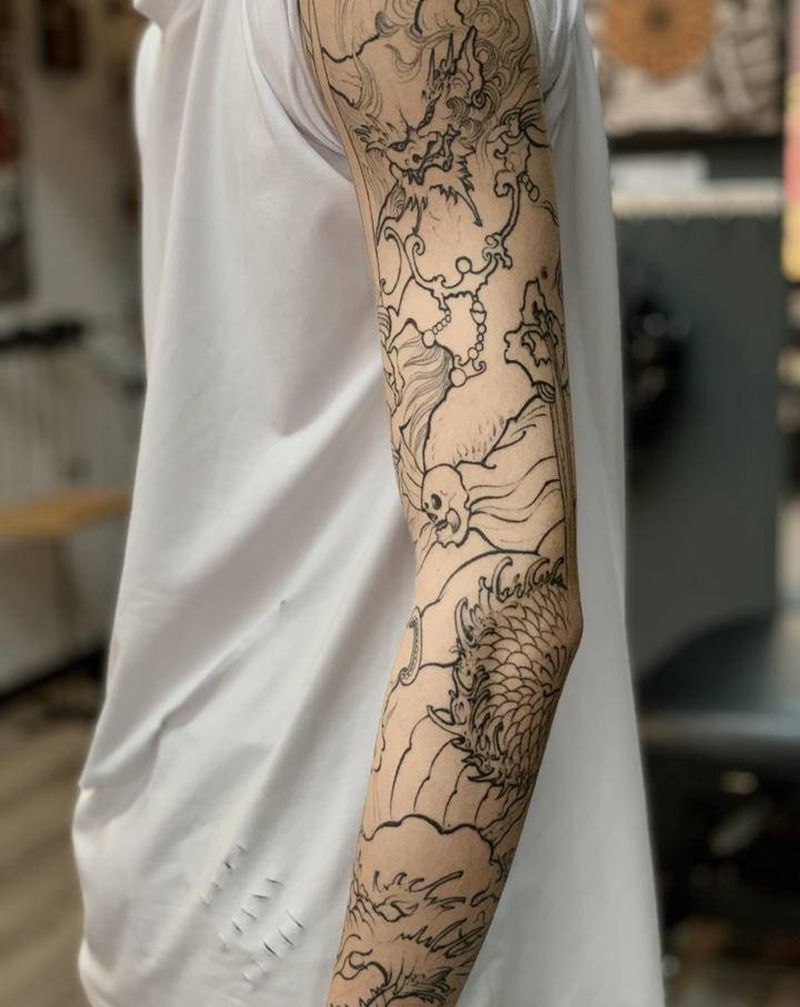 线条纹身图片_手臂新传统纹身图案