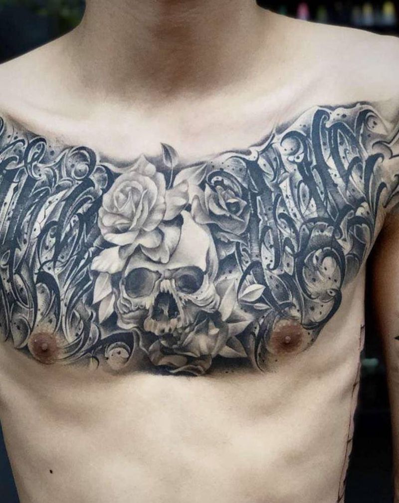 骷髅 字体纹身图片_胸部欧美写实纹身图案